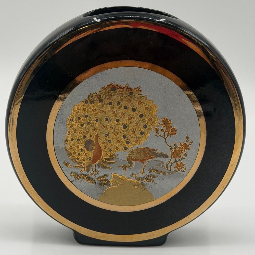 Chokin Art Japan Peacock Bud Vase Black Ceramic 24K Gold Round 6in